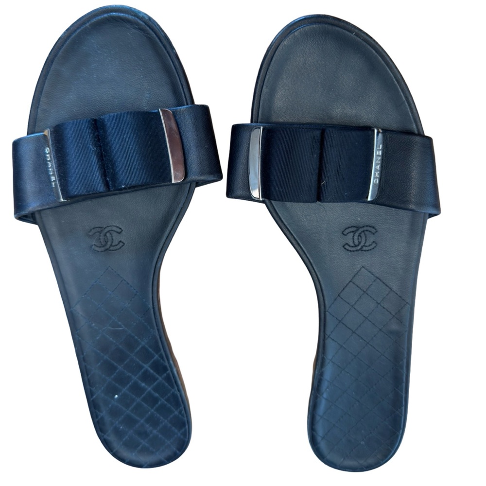 CHANEL Black Slide Sandals with Silver Accents